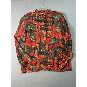 TESS Vintage 100% Silk Abstract Geometric Print Mandarin Collar Blouse Red Sz 14